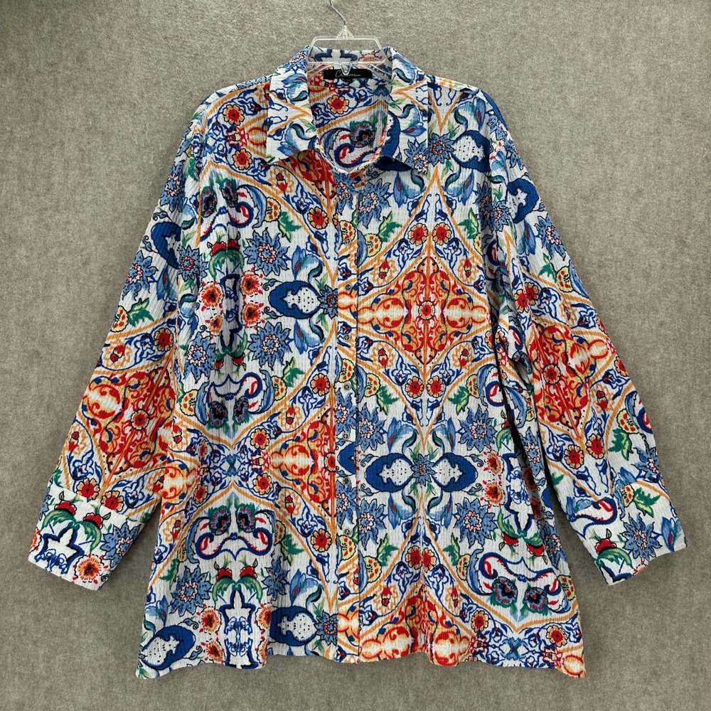 Caleesa Crinkle Top‎ Womens 2X Button Up Shirt Multi Color Paisley Floral